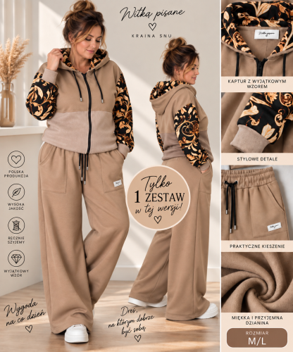 Dres damski karmelowy M/L – bluza z kapturem i szerokie spodnie Nitką pisane