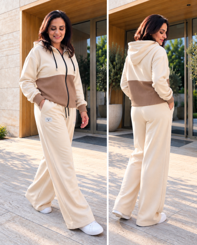 Dres damski M/L ecru karmelowy na modelce – bluza z kapturem i szerokie spodnie