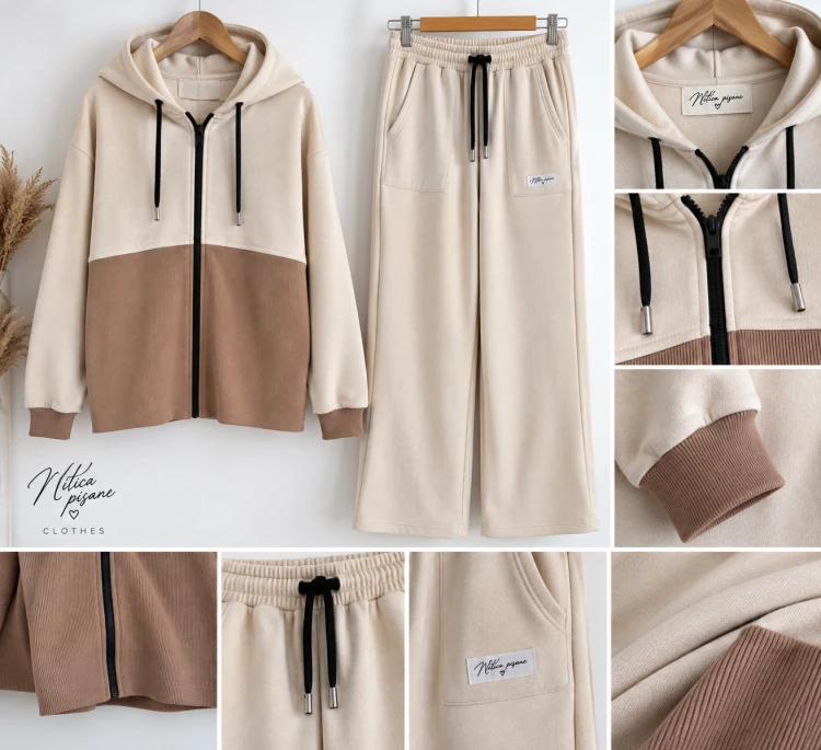 Dres damski M/L ecru karmelowy – komplet bluza z kapturem i spodnie Nitką pisane