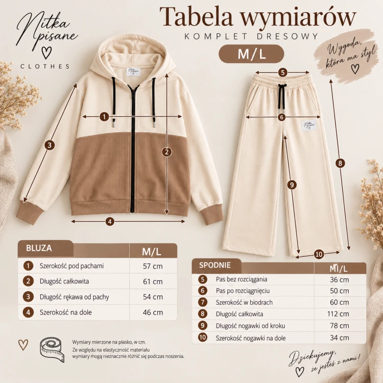 Tabela wymiarów dresu damskiego M/L – bluza z kapturem i szerokie spodnie Nitką pisane